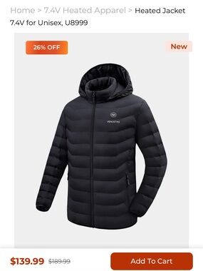 VENUSTAS Men’s Black Quilted Heated Hooded Puffer Jacket